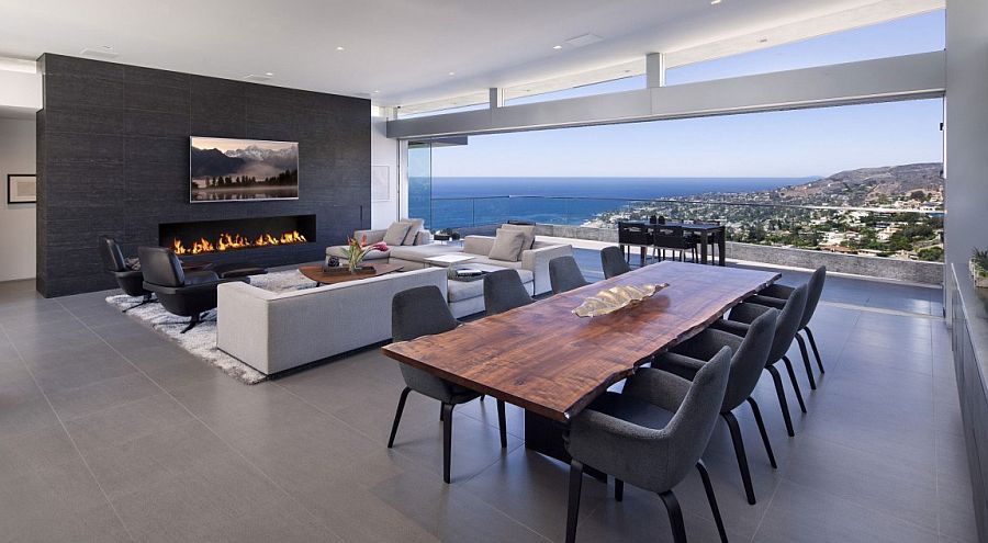 Stunning living area with terrace and view of the distant beach