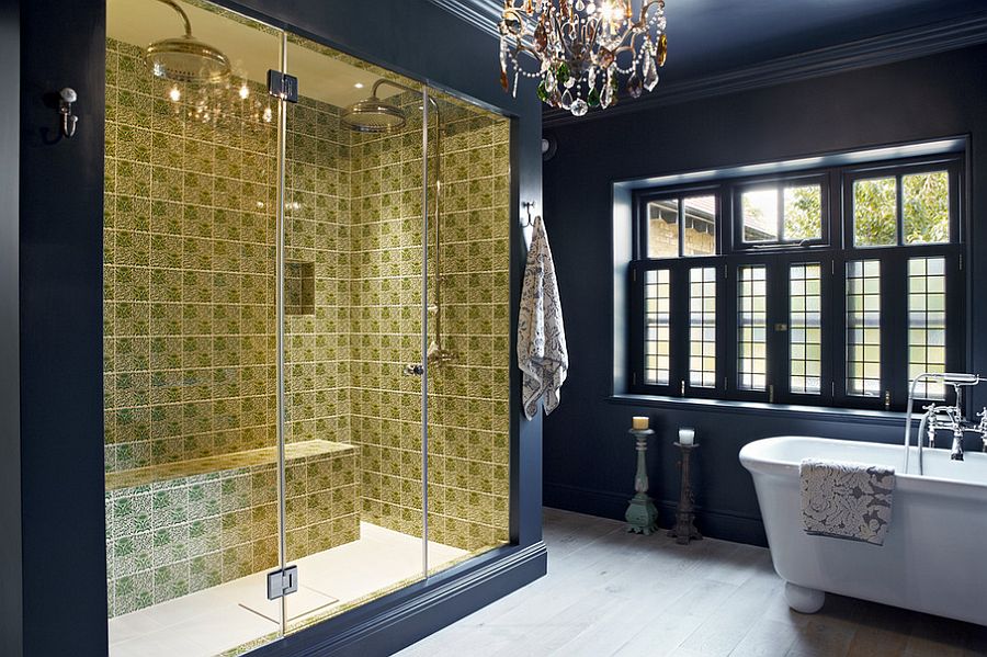 Tiles in the shower bring contrast and an element of surprise to the setting [Design: Godrich Interiors]