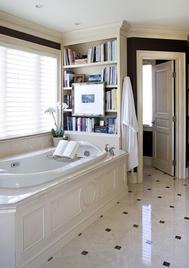 Traditional bathroom with a cheerful ambiance and a lovely bookshelf