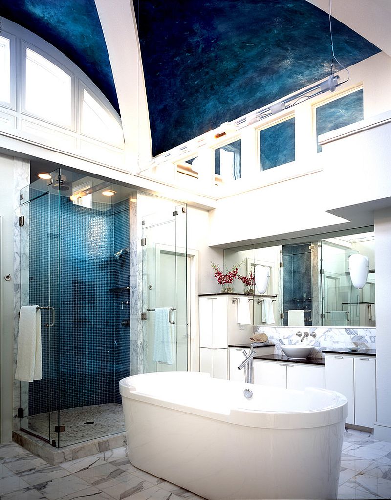 Unique Venetian ceiling design adds color and flair to the bathroom [Design: Inside Inc / Photography by Ira Montgomery]