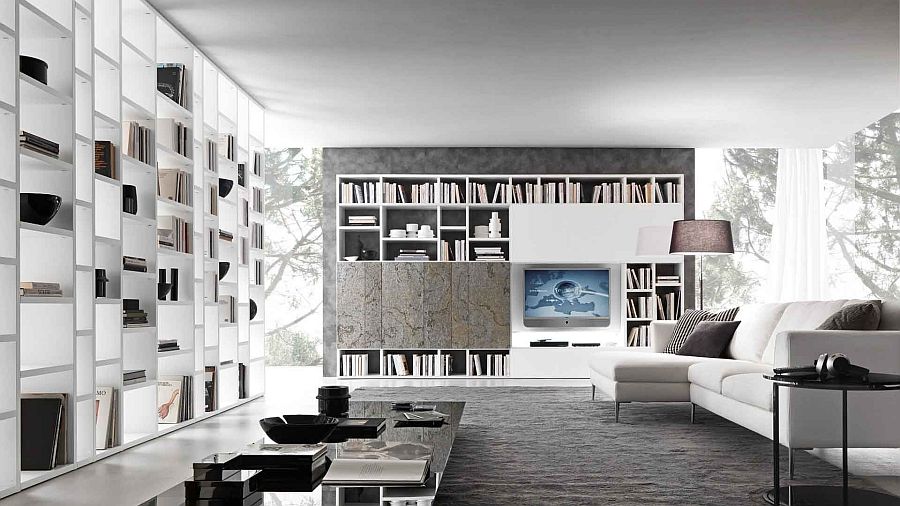 Use bookshelves as a sculptural feature in the living room