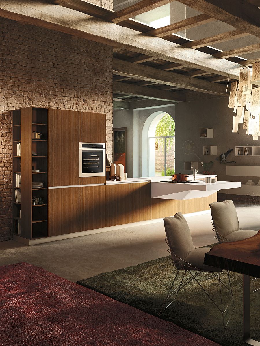 Walnut wooden storage units combine with sleek Corian suspended worktop in the kitchen