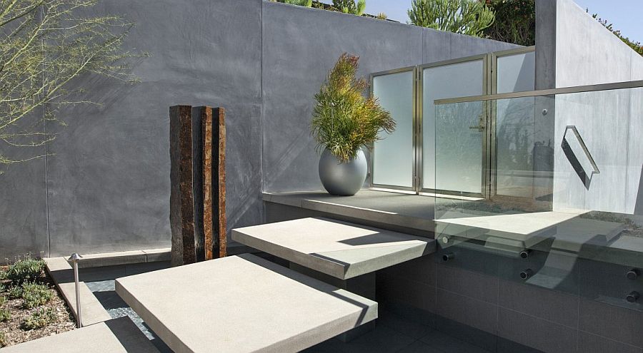 Water fetaure with stepping stones creates a unique and appealing entry to the Californian home