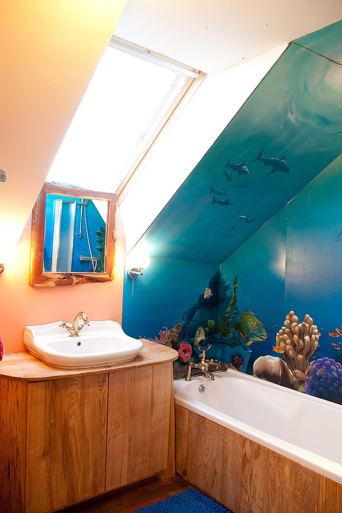 Waterproof wall mural adds color to the small bathroom