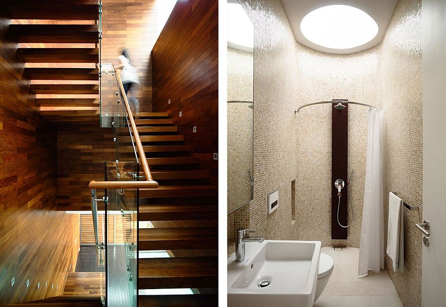 A look at the lovely walnut timber staircase and the modern bathroom