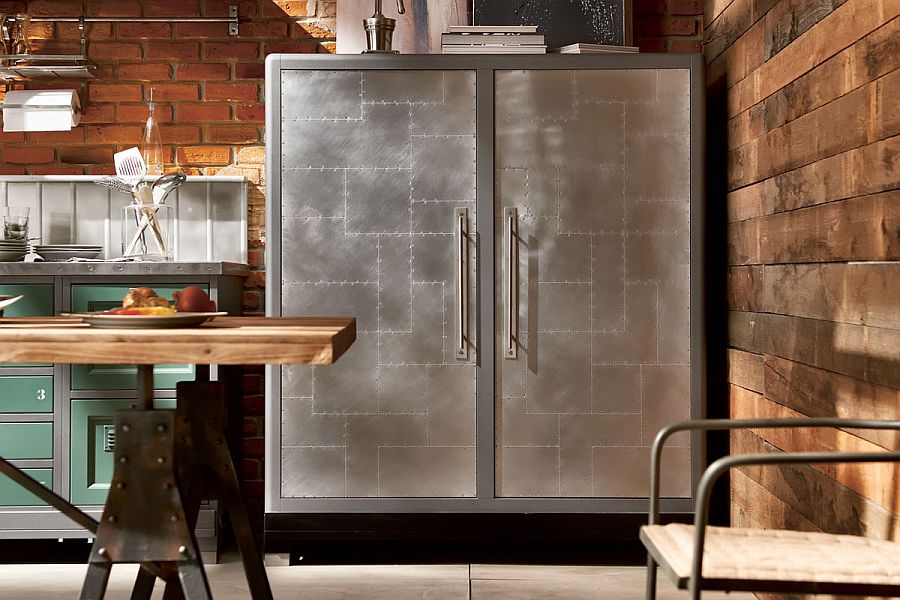All steel two-door refrigerator in the vintage kitchen