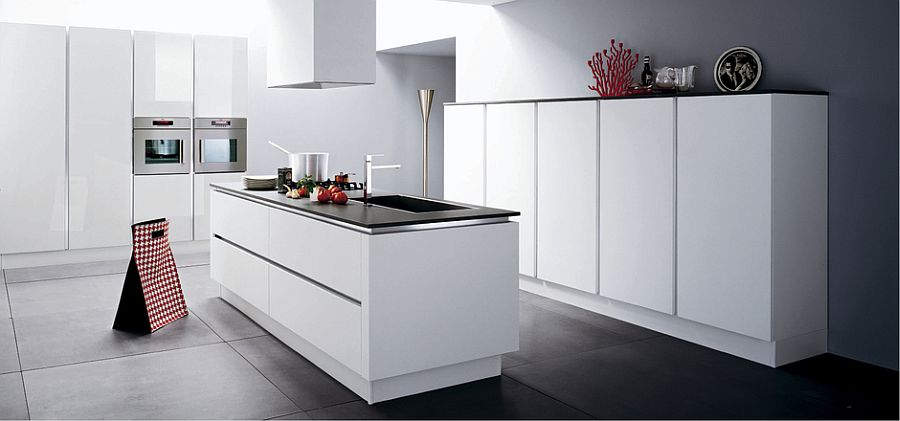 All-white kitchen with stainless steel countertops