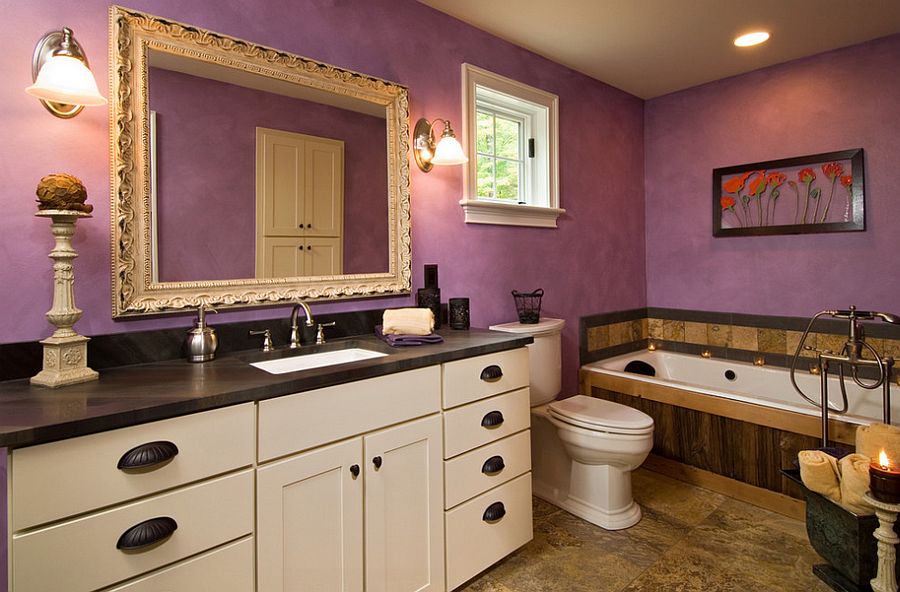 Beautiful eclectic bathroom benefits from the magic of purple [Design: Witt Construction]