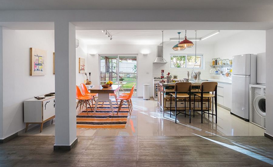 Beautiful kitchen and dining area with a cool white backdrop