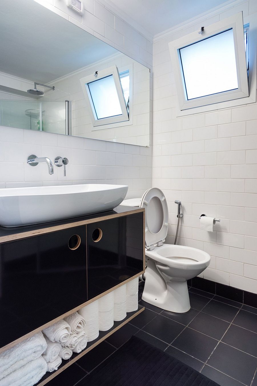 Black and white bathroom design inside the Moshav home