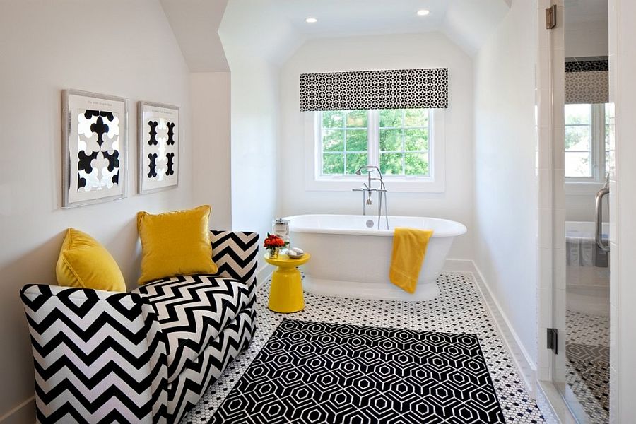 Black and white contemporary bathroom with pops of yellow [Design: K Kong Designs]