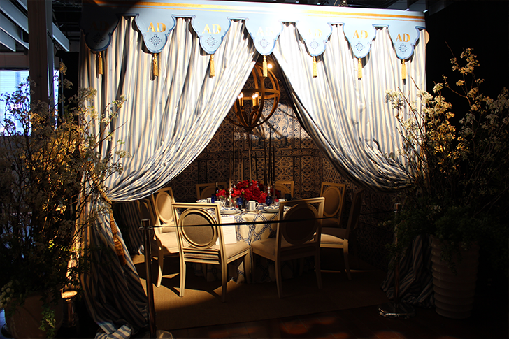 Blue and White Curtained Tent