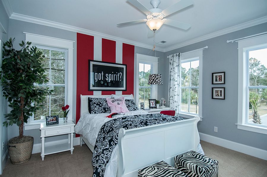 Bold stripes in red create an instant focal point in the room