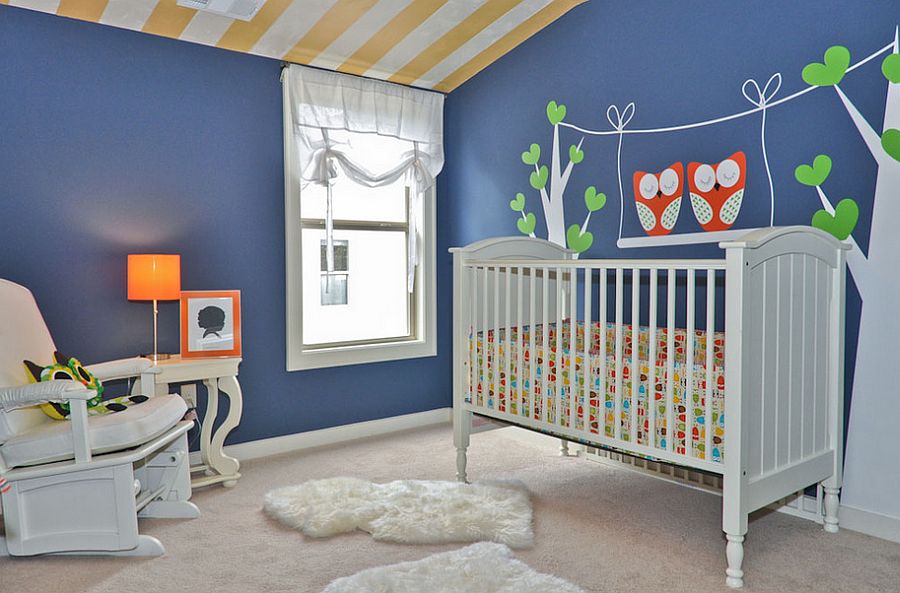 Chic contemporary nursery in newburyport blue with cool wall decal