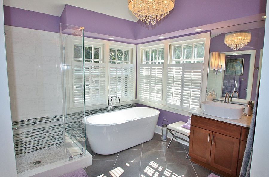 Chic purple bathroom with frameless glass shower area [Design: Waterstone Kitchen and Bath]