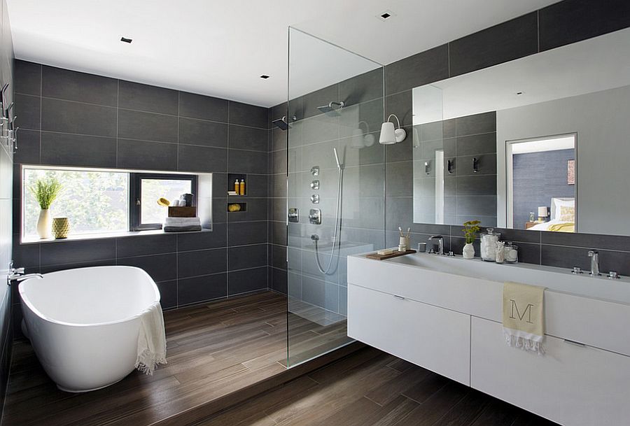 Classy bathroom in cool gray and white with standalone tub