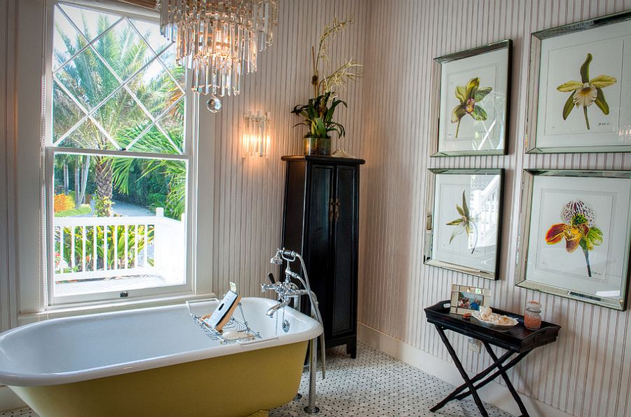 Claw-foot bathtub adds yellow to the relaxed bathroom in beach cottage [Design: GH3 Enterprises]