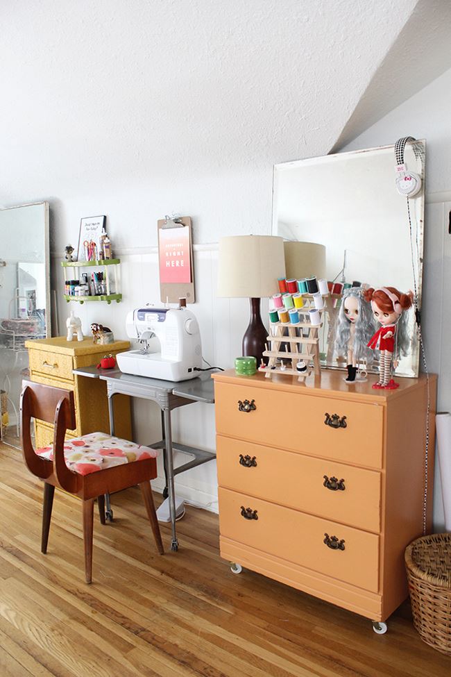 Colorful details in a beautifully designed sewing area