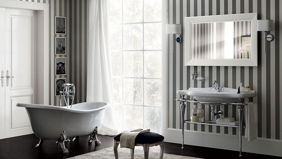 Contemporary bathroom design with cla-foot bathtub, stripes and art deco inspiration