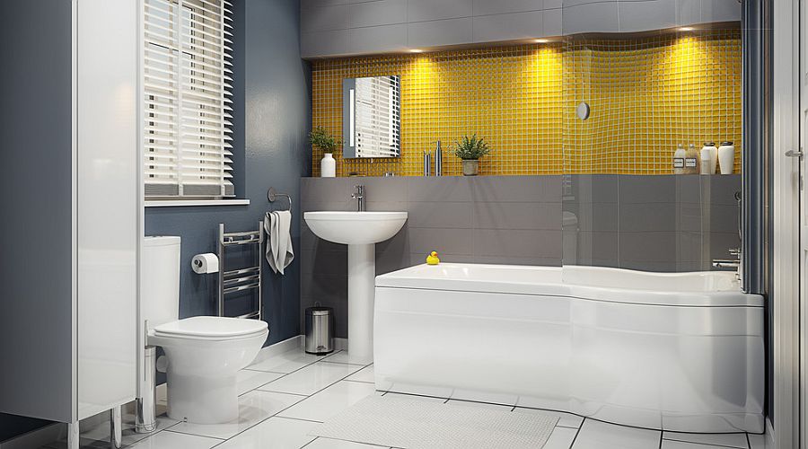 Contemporary bathroom in gray and yellow [Design: B&Q]