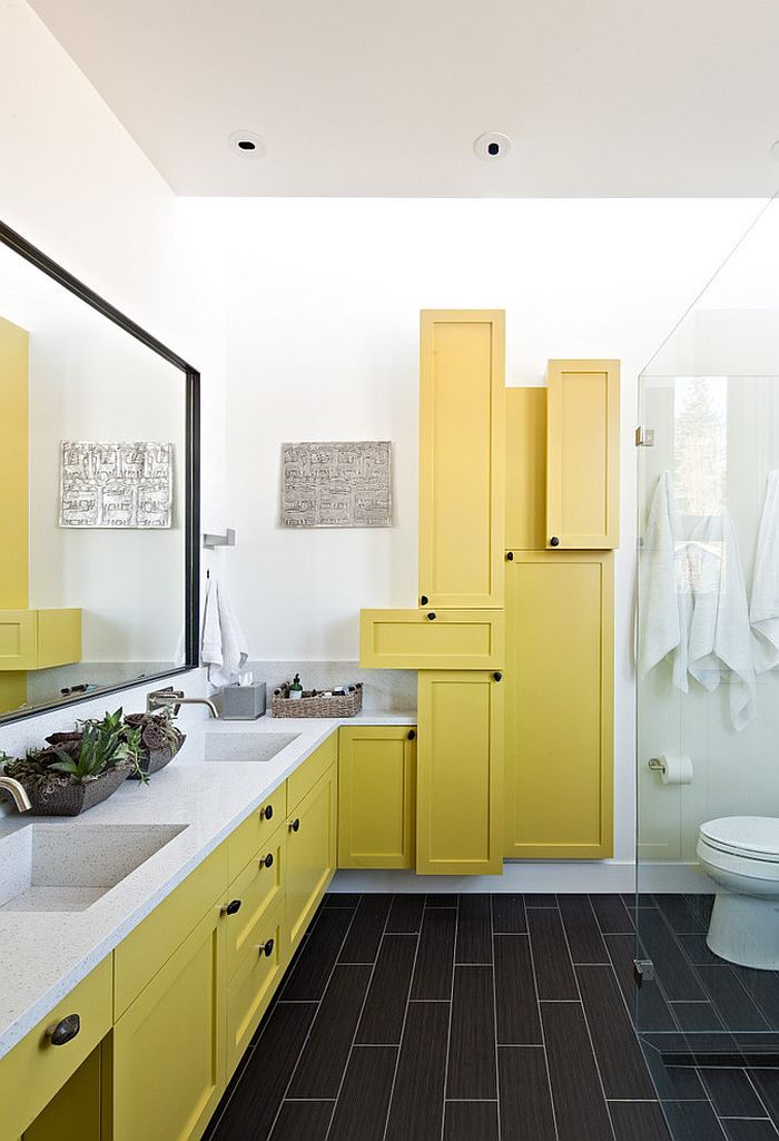 Contemporary bathroom with fascinating use of yellow shelves