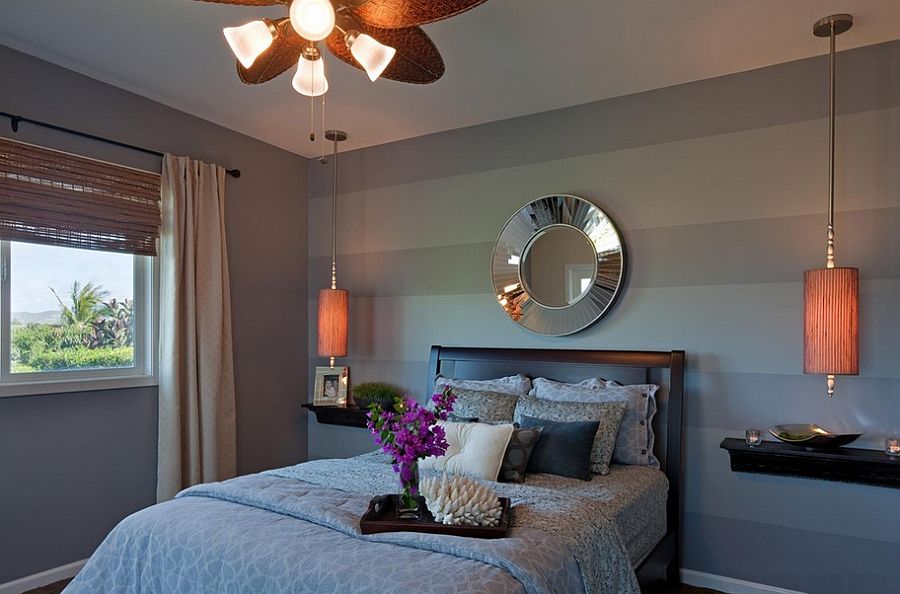 Contemporary Bedroom In Gray With Striped Accent Wall 