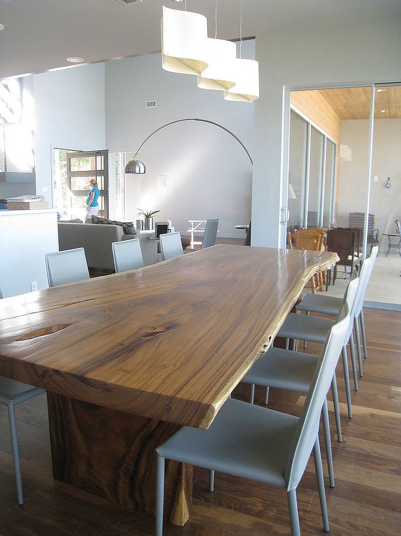 Contemporary dining room with a blend of cool contrasting textures