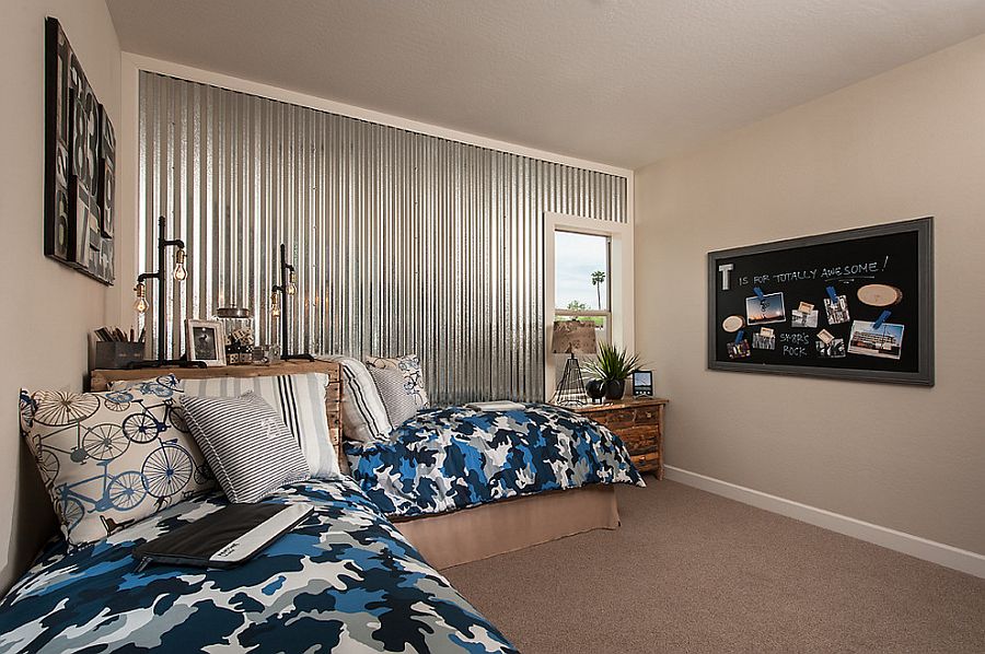 Corrugated metal wall adds an interesting visual to the elegant kids' bedroom [Design: Camelot Homes]