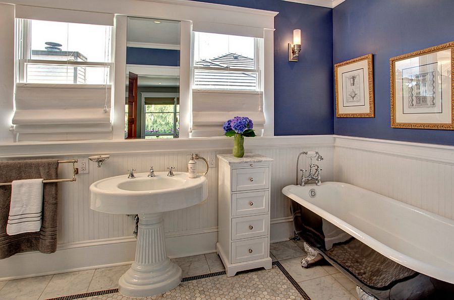 Craftsman style bathroom with bathtub in black and purple walls [Design: Kathryn Tegreene Interior Design]