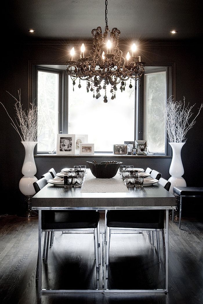 Eclectic dining room in black with hints of white! [Design: Gaile Guevara]