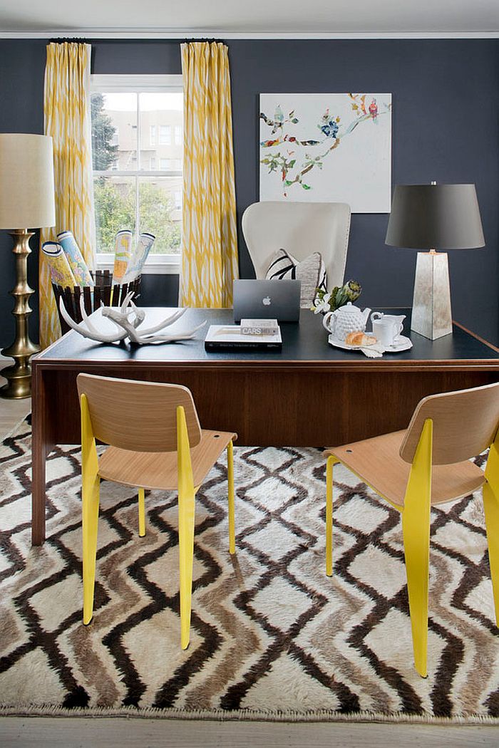 Eclectic home office in gray with color and pattern [Design: Green Couch Interior Design]