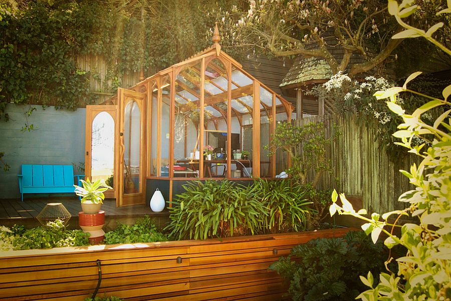 Exquisite garden studio is surrounded by greenery