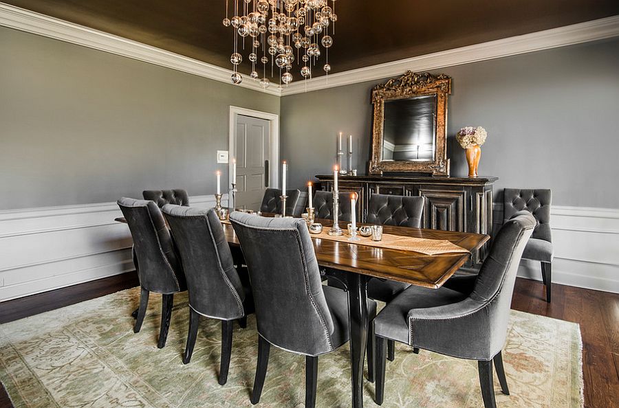 Extensive use of gray in the transitional dining room [Design: E.V.M. Bespoke Design]