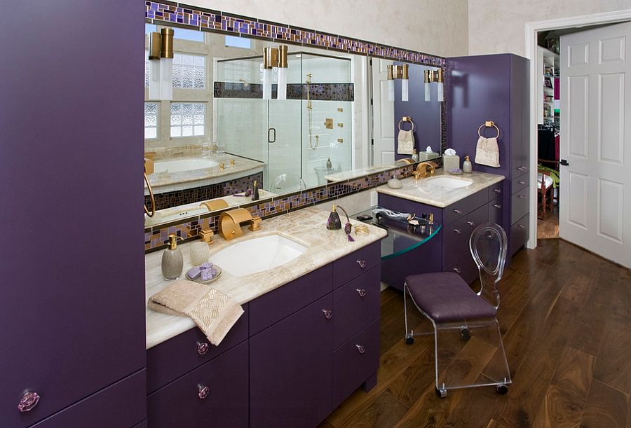 Fabulous purple is perfect for Hollywood Regency style bathroom [Design: Peg Berens Interior Design]