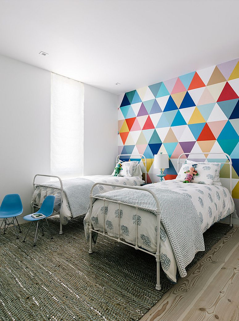 Fabulous wallpaper adds color and pattern to the cool kids' bedroom [Design: Shawback Design]