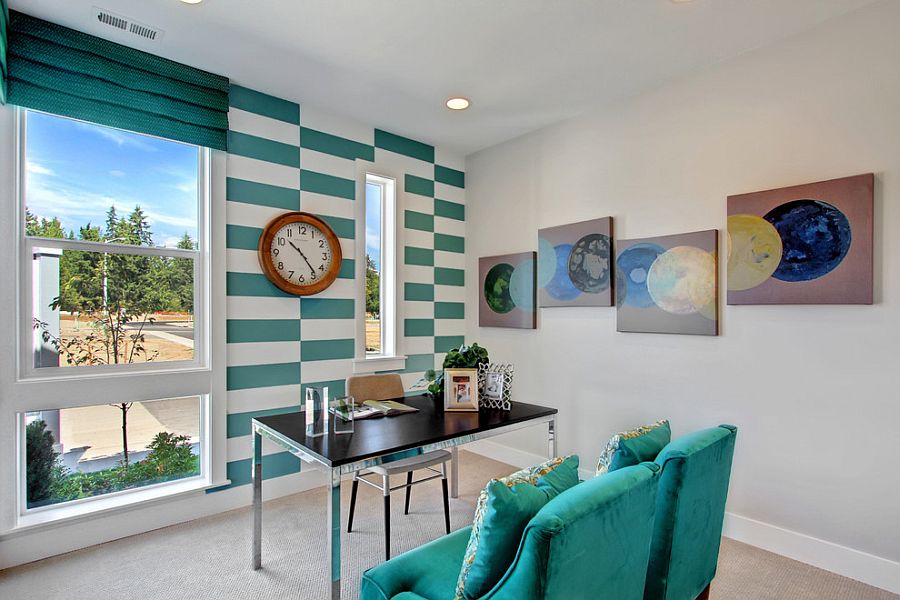 Fascinating use of turquoise stripes in the transitional home office [Design: Quadrant Homes]