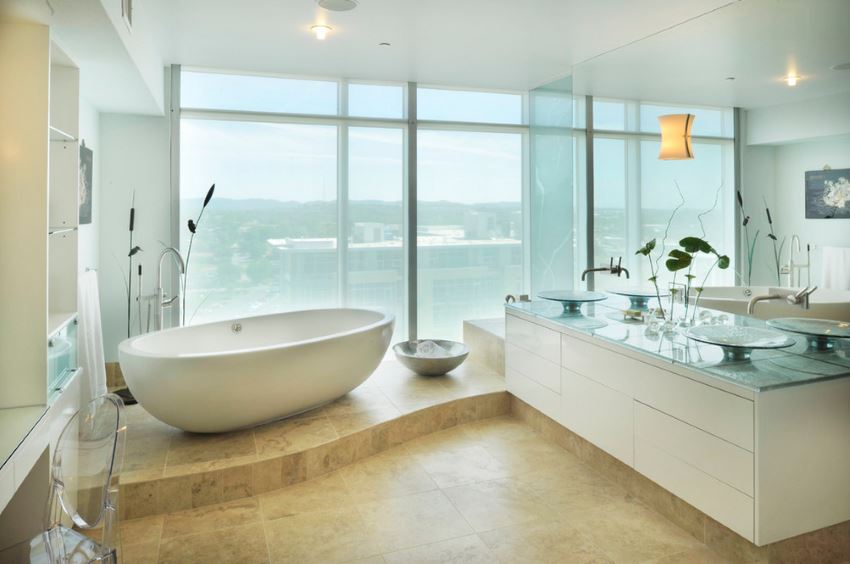 Freestanding tub in a bathroom with a view