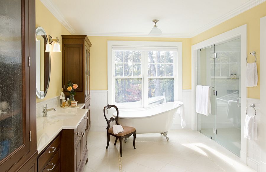 Gorgeous bathroom uses yellow in a charming, traditional fashion [Design: LDa Architecture & Interiors]