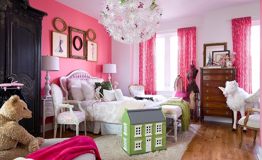 Gorgeous girls' bedroom with pink accent wall