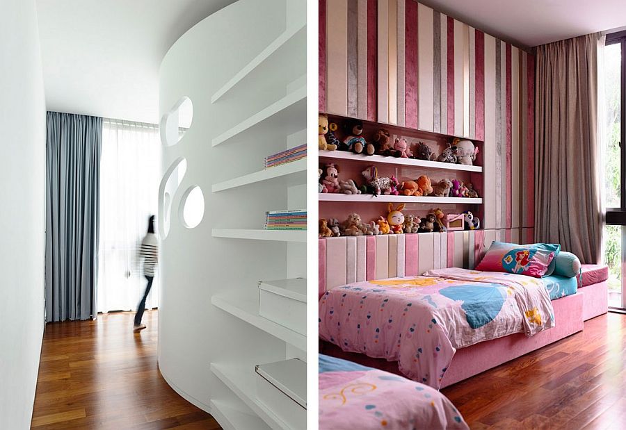 Gorgeous kids' bedroom with custom-designed shelves