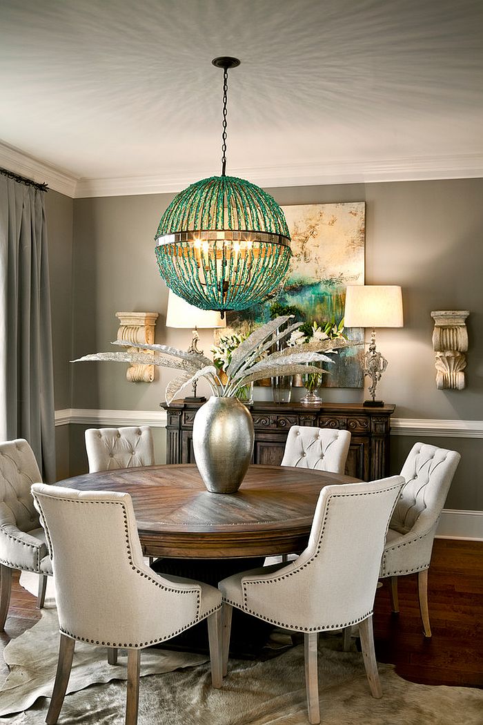 Graphite gray backdrop allows the pendant to shine through [Design: LGB Interiors]