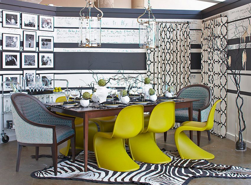 Gray and white provide the perfect backdrop of brilliant accent hues in the dining room [Design: Cynthia Mason Interiors]