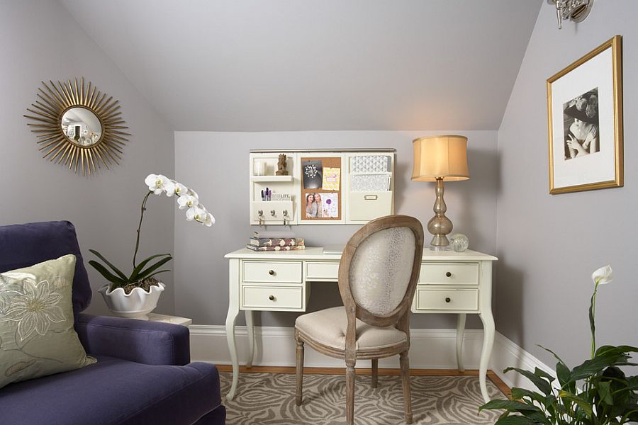 Gray, cream and lavender combine to create a feminine home office