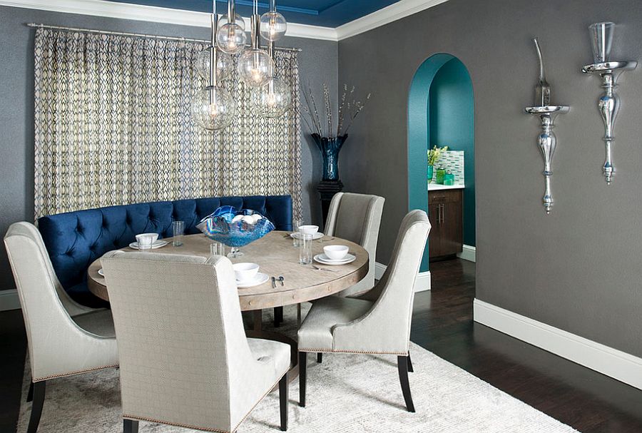 Interesting use of gray and blue in the dining room