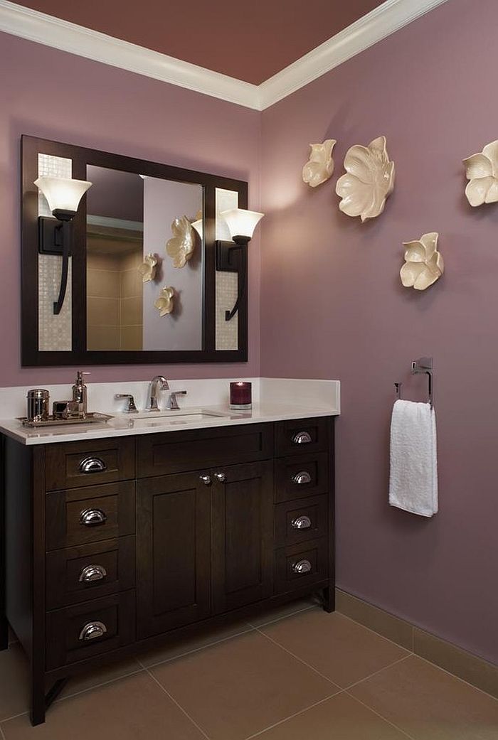 Interesting use of wall art in the purple contemporary bathroom [Design: Xstyles Bath + More]