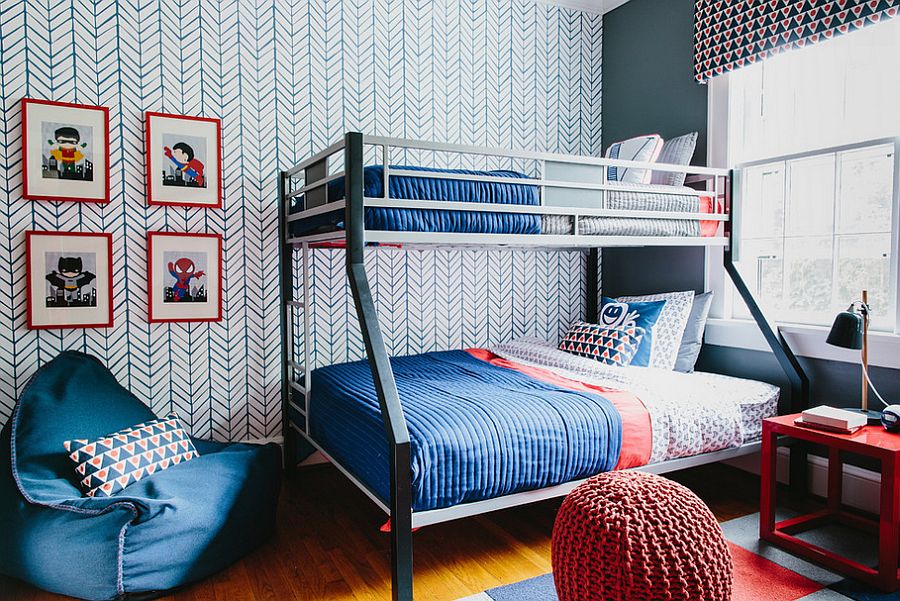 Kids' bedroom with chevron pattern accent wallpaper and bunk bed [Design: Colordrunk Designs]