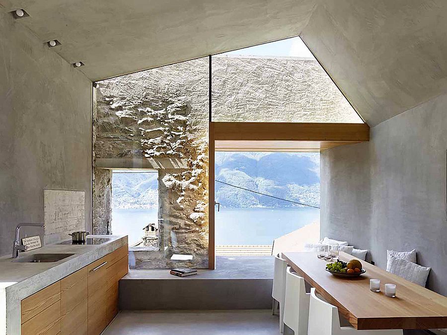 Kitchen and dining area of the Swiss house overlooking the lake