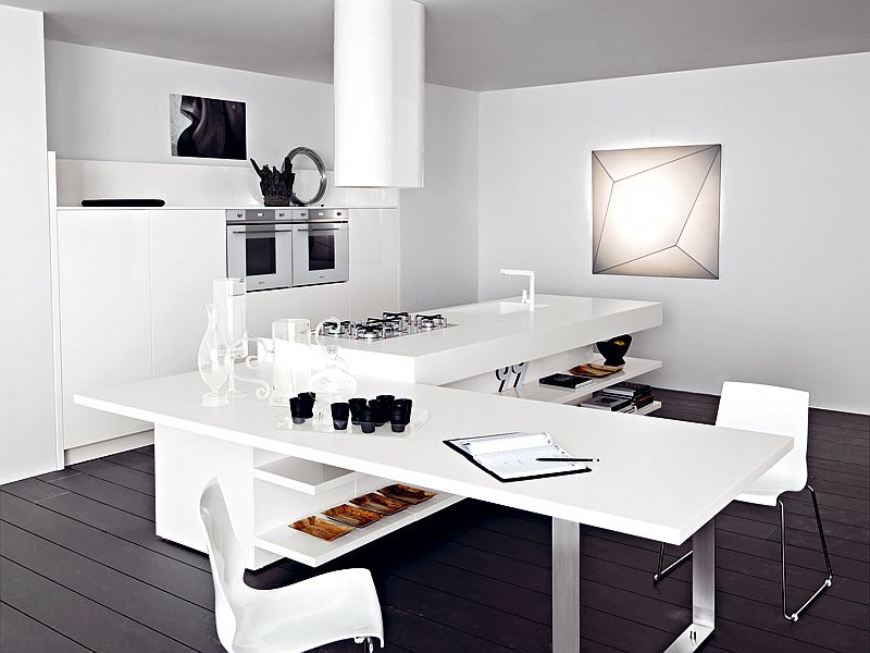 Kitchen island in white with extended dining table