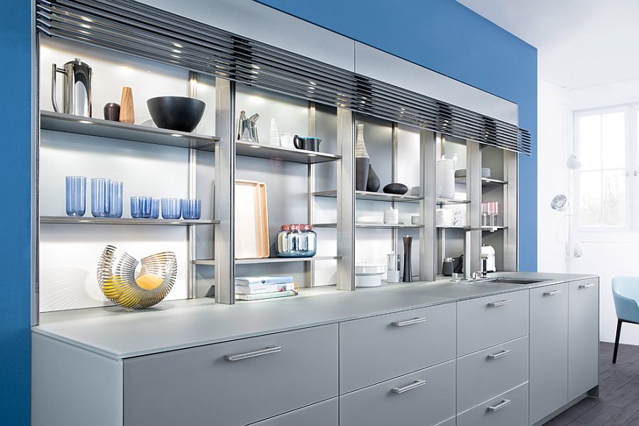 Lighting accentuates the beuaty of gorgeous open kitchen shelves and display