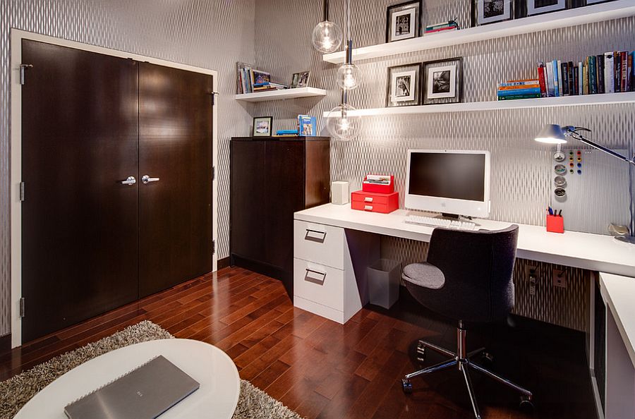 Lovely wallpaper brings elegance and pattern to the home office [From: Mark Teskey Architectural Photography]